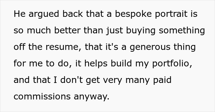 Text excerpt about volunteering for unpaid art commissions and building a portrait portfolio.