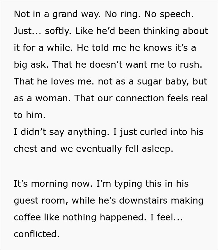 Text excerpt of a sugar daddy confessing love, proposing without a ring, leaving the woman speechless and conflicted.