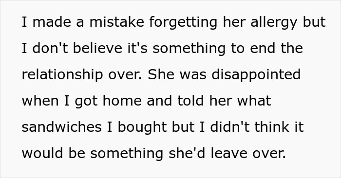 Text discussing a fianc&eacute;e reconsidering relationship due to sandwich choice and an allergy mistake.