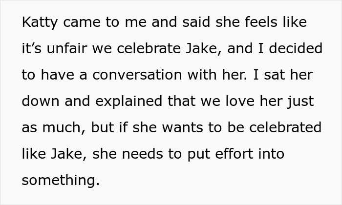 Text discussing an entitled teen's demand for praise and a parent's response.