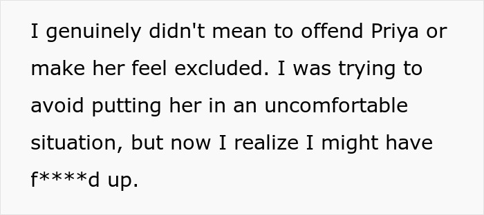 Text from a manager about excluding a coworker from a BBQ due to diet, and realizing the mistake.