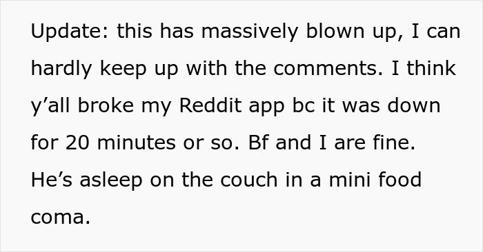 Text update about viral post; mentions Reddit app issues, and boyfriend asleep on couch after a mini food coma.