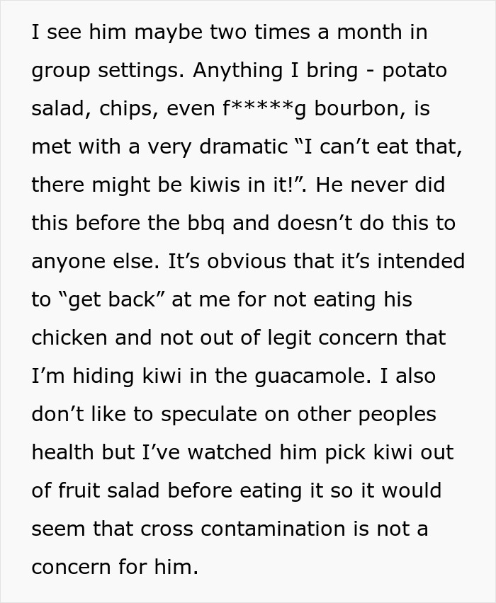 Text describing a friend's reaction to a refused "gluten-free" meal at a group gathering.