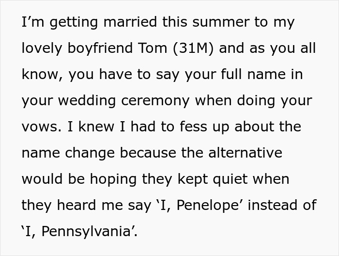 Text about keeping a name change secret for five years in relation to a wedding ceremony.