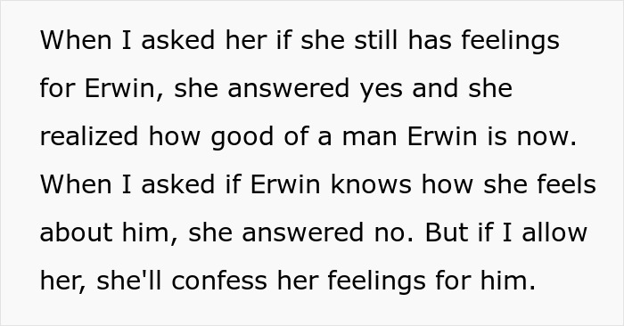 Text about a woman's feelings for Erwin, revealing a relationship twist before the wedding.