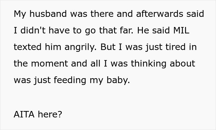 Text about a husband mentioning MIL's angry text and a mother prioritizing breastfeeding her baby.