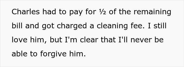 Text detailing relationship conflict over a birthday incident involving cake and cleaning fees, highlighting unresolved feelings.
