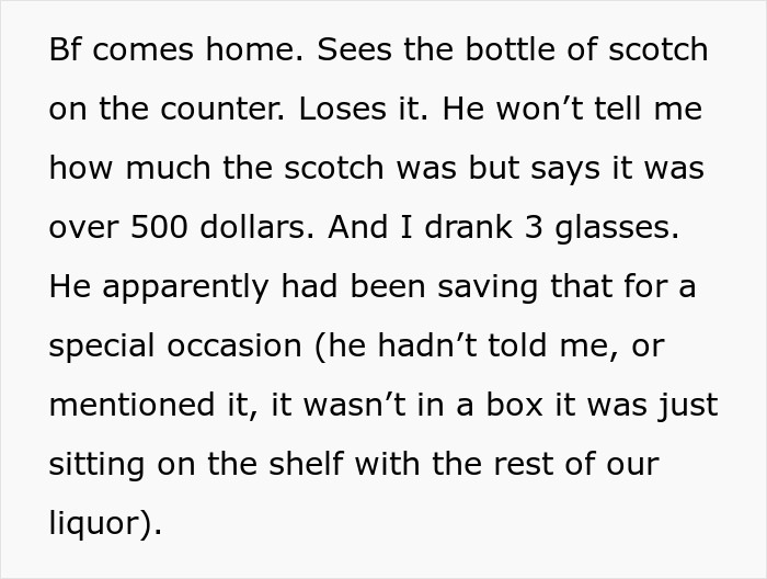 Text description of a story about drinking $500 aged scotch unknowingly.