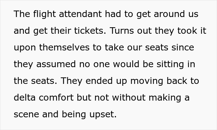 Text from a story about an entitled couple taking a first-class seat from a wheelchair user before moving back angrily. Text from a story about an entitled couple taking a first-class seat from a wheelchair user before moving back angrily.