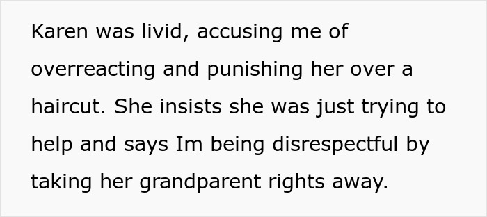 Text from an article about an MIL cutting a child&rsquo;s hair without permission, leading to babysitting ban.