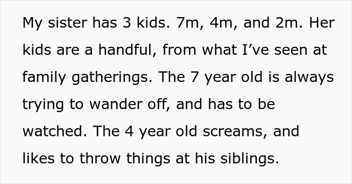 Text about woman babysitting sister's kids, 7m, 4m, 2m, highlighting challenges with the children's behavior.