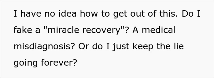 Text discussing dilemma of faking an allergy with questions about continuing the lie or fabricating a recovery.