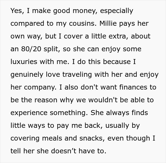 Text describing a woman discussing her financial support for her cousin during trips.