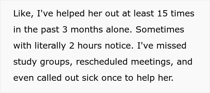 Text about babysitting sister's kids with short notice, missing work and study groups to help her out.