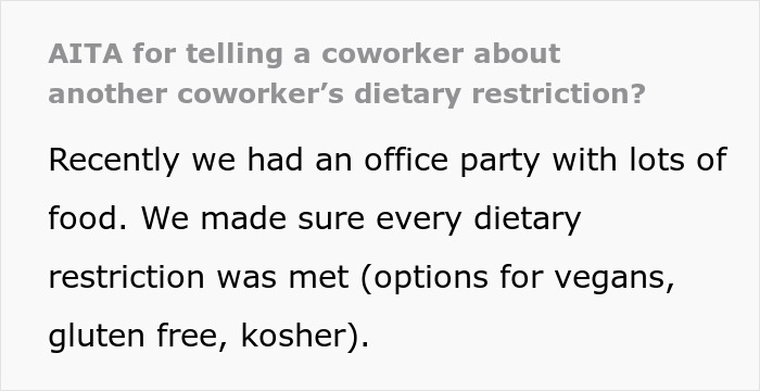 Text about coworker dietary restriction at an office party, gluten-free diet mentioned.