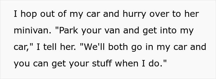 Text detailing a conversation about driving and parking related to an arrogant driver.