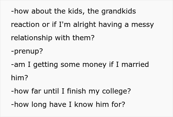 Text listing questions about family reactions and marriage decisions involving a sugar daddy.