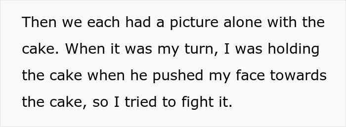 Text describing a cake incident during a birthday celebration where a man pushes a woman's face into the cake.
