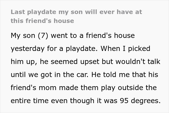 Text detailing children's playdate outside in 95-degree heat with no hydration, leaving a mom appalled.