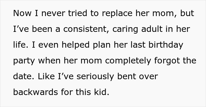 Text discussing a caring adult's role in a child's life, involving birthday planning and not replacing her mom.