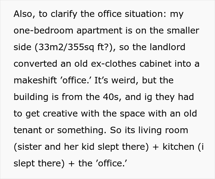 Text about small apartment conversion; highlights family drama and regret over hosting.