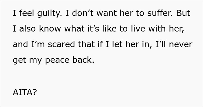 Text expressing guilt and fear about letting someone in, with concern for lost peace, ending with "AITA? Text expressing guilt and fear about letting someone in, with concern for lost peace, ending with "AITA?