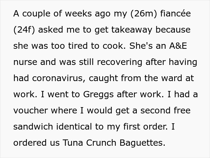 Text about a fianc&eacute;e reconsidering relationship over a sandwich order at Greggs, mentioning Tuna Crunch Baguettes.