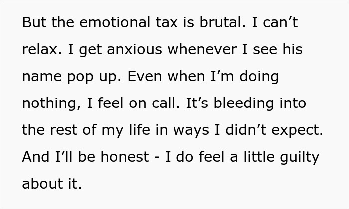 Text about feeling emotionally taxed and guilty despite making millions without much work.