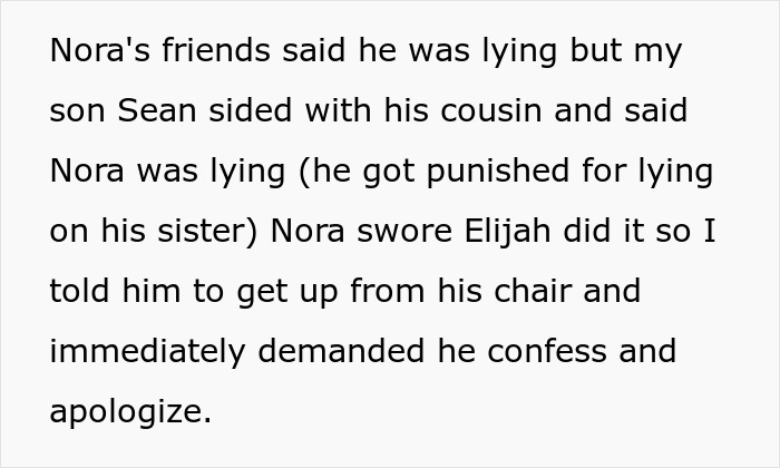 Text about friends siding, punishment for lying, and demands for confession and apology amid a conflict.