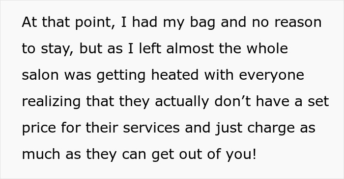 Text describing a customer venting about nail salon prices, causing chaos as others react to the lack of set service prices.