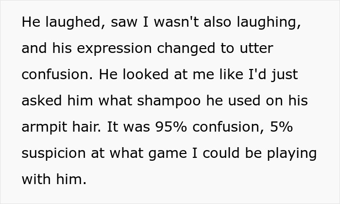 Text excerpt depicting confusion and suspicion, related to a grocery store employee's precise policy adherence. Text excerpt depicting confusion and suspicion, related to a grocery store employee's precise policy adherence.