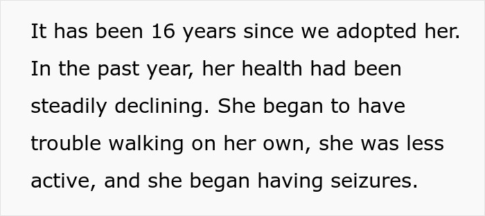 Text about a dog adopted 16 years ago and her health declining.