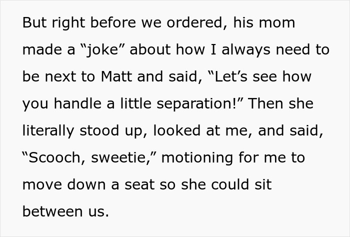 Text describing a mom jokingly stealing her girlfriend&rsquo;s seat to create separation during a couple&rsquo;s dining moment.