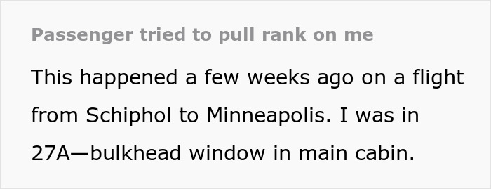 Text from a flight story about a passenger claiming Platinum status, featuring a flight from Schiphol to Minneapolis.