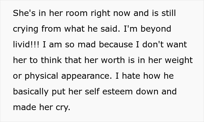 Text expressing anger over husband fat-shaming 13-year-old daughter, impacting her self-esteem and causing tears.