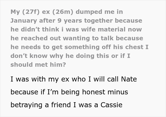 Text message about a woman dumped after 9 years, with her ex wanting to reconnect after rejection by his crush.