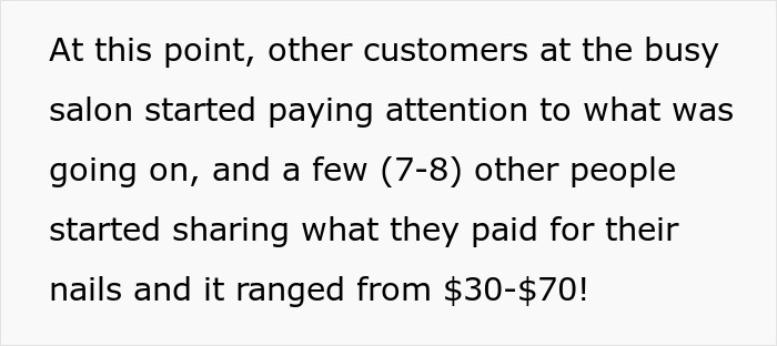 Text about nail salon customers discussing prices, noting amounts from $30 to $70.