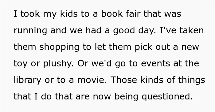 Text describes a parent taking kids to events like book fairs and movies, now questioned by siblings-in-law.