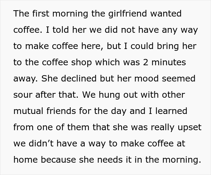 Text screenshot about someone upset over no coffee at a friend's home, compromising the mood.