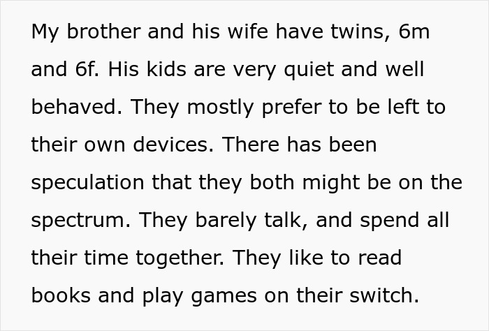 Text about quiet, well-behaved twins who enjoy reading and gaming, possibly on the spectrum.