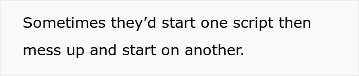 Text message screenshot regarding spam caller confusion with scripts.