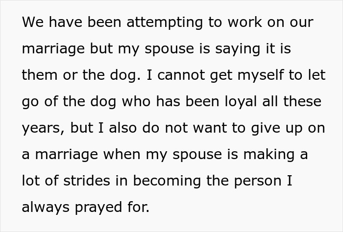 Text recounting a spouse ultimatum: "It's me or the dog," amid marital struggles and loyalty dilemmas with a partner's pet.