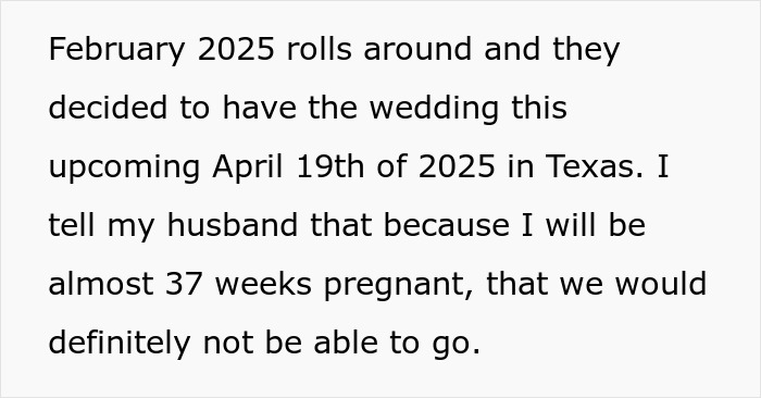 Text about a mom-to-be explaining why traveling to a wedding near her due date is not possible.