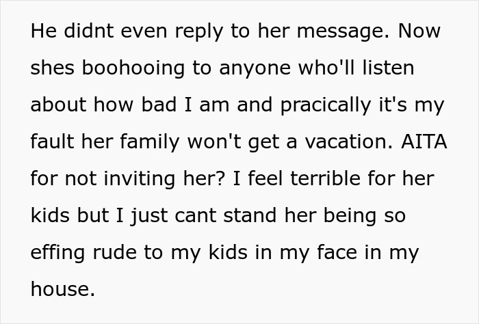 Text discussing a woman refusing her entitled sister's invitation to Easter vacation.