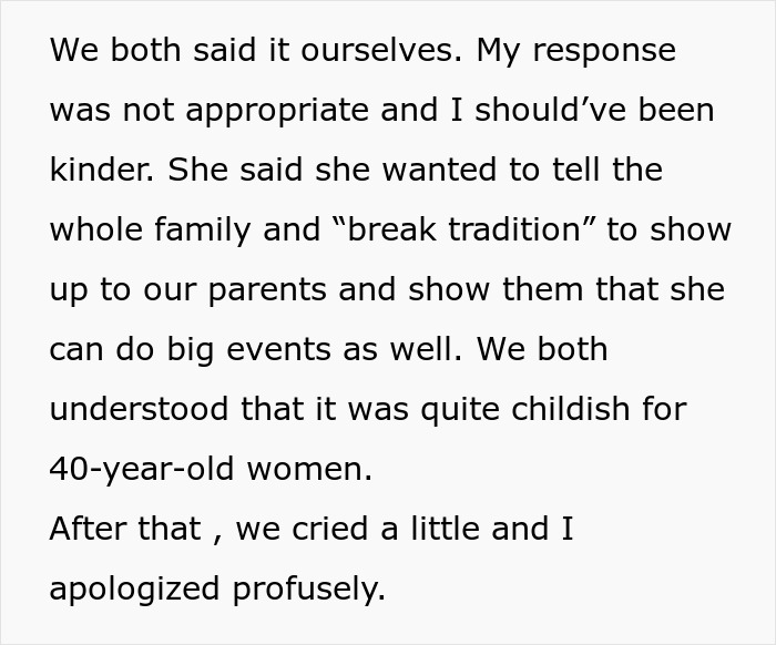 Text excerpt discussing a sister trying to break tradition and the emotional response from quickly shutting down the idea. Text excerpt discussing a sister trying to break tradition and the emotional response from quickly shutting down the idea.