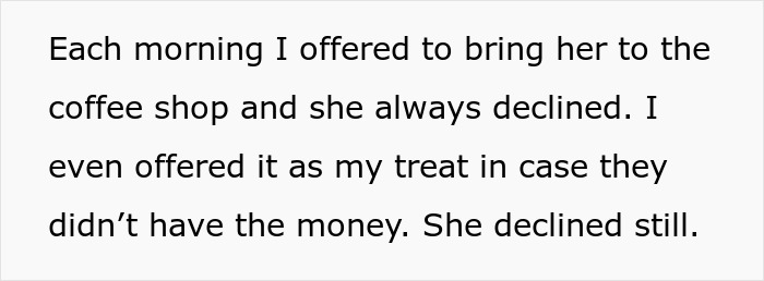 Text recounts offering coffee shop trips; guest repeatedly declines.