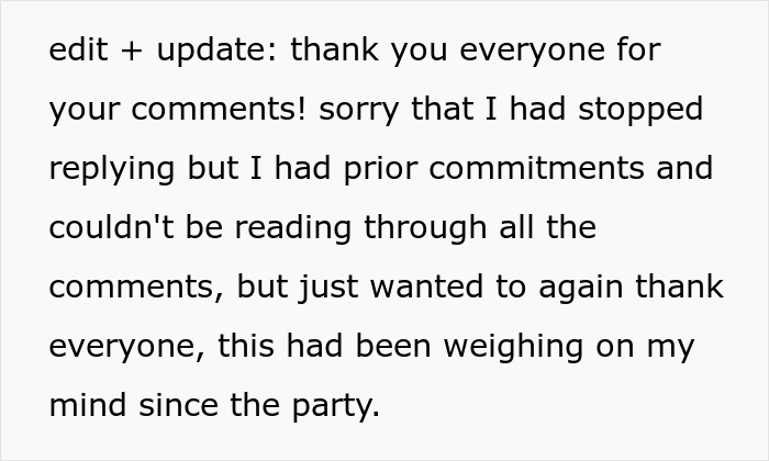 Text update thanking commenters after oversharing event, feeling weighed down since the party.