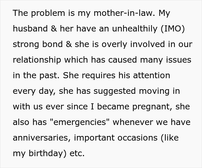Mother-in-law issues described in text about husband's loyalty and the impact on relationship during pregnancy.