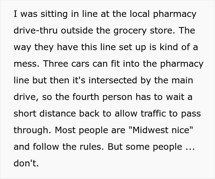 Text story about petty revenge on an arrogant driver at a pharmacy drive-thru line.