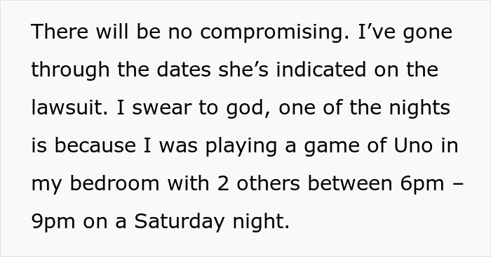 Text excerpt about a lawsuit over a noisy Uno game with neighbors. Text excerpt about a lawsuit over a noisy Uno game with neighbors.